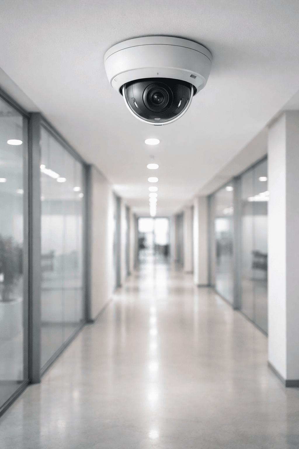 Ceiling-mounted dome CCTV camera in a modern corridor
