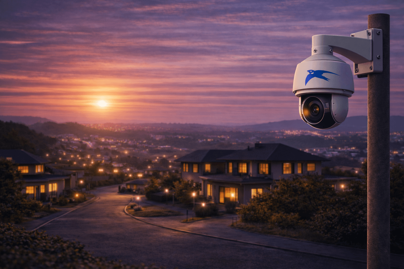 Sunrise over premium homes with CCTV overlooking the area